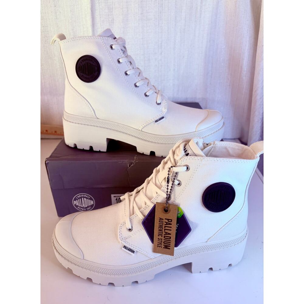 Palladium Pallabase Twill Boots Women 10 White Platform Combat Zip Lug Sole NIB